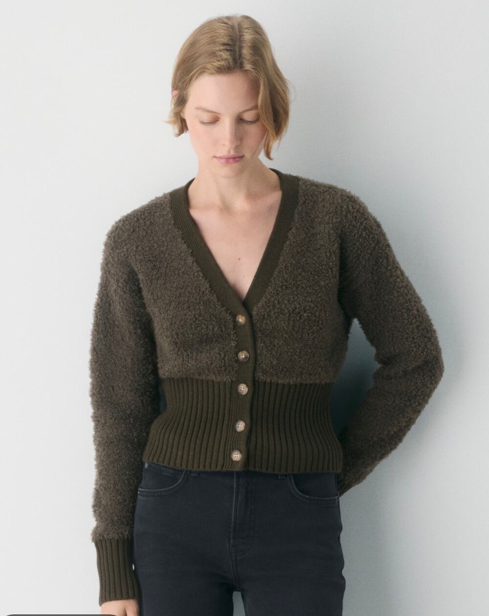 Wilfred Aritzia Duchess Cardigan Dark Olive Wool Textured Fuzzy Knit Size S